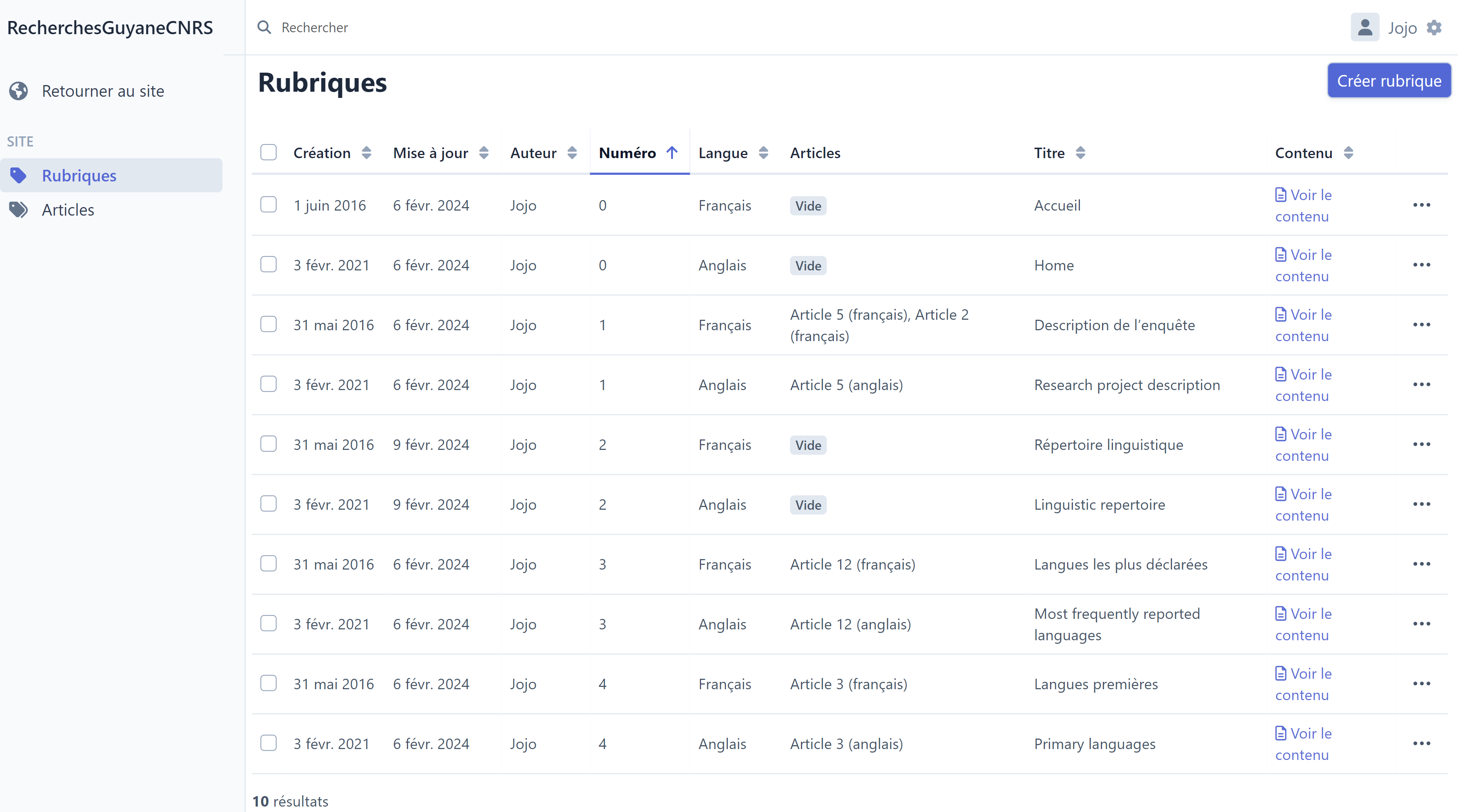 Tableau rubriques